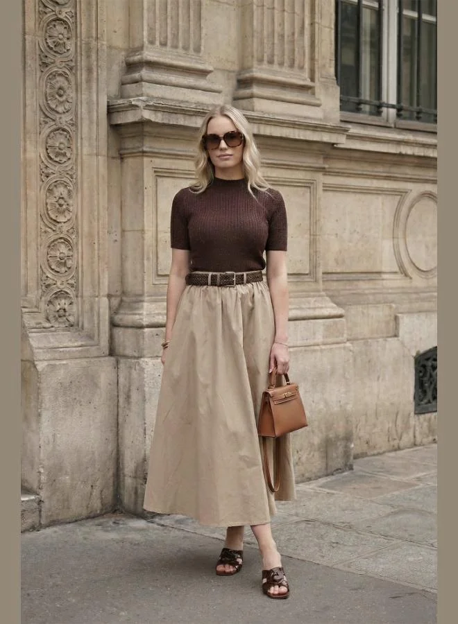 Lela Lela Cotton Relaxed Fit Elastic Waistband Detail Midi Skirt Women'S Skırt 6921273